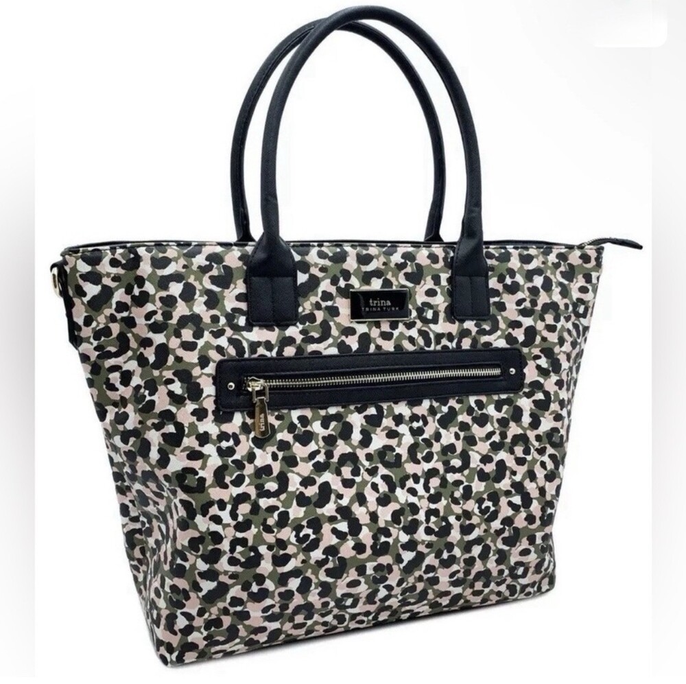 Trina Turk Animal Print Tote Bag Black Beige Green Zip Gold Hardware Designer
